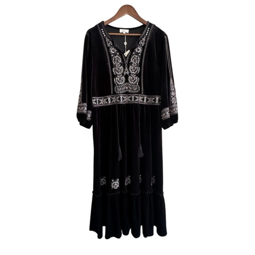 Bohme Black Velvet Embroidered Midi Dress Gothic Whimsical Magical Witchy NEW